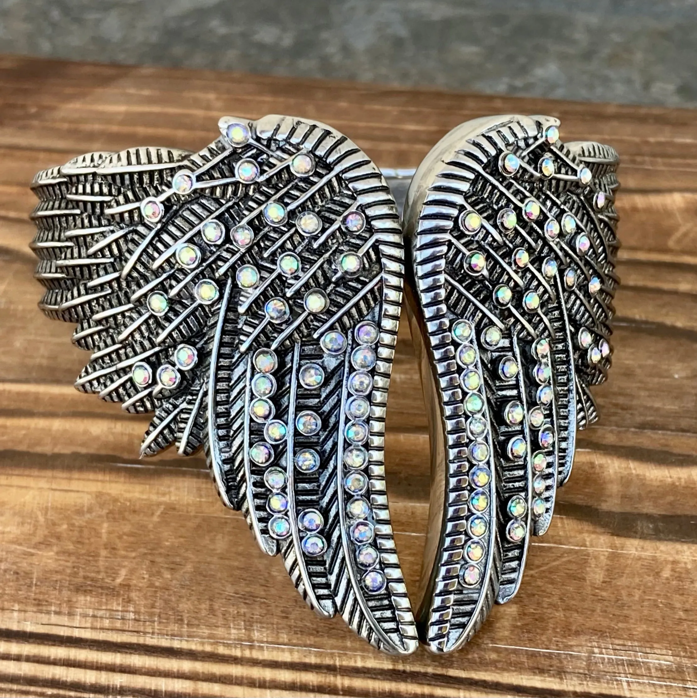 Angel Heart Wing Bracelets - Double Wing Cuff - Rainbow Stone - AW01