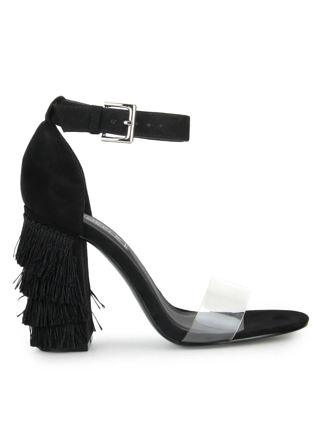 Black Microfibre Fringe Perspex Ankle Strap Block Heels