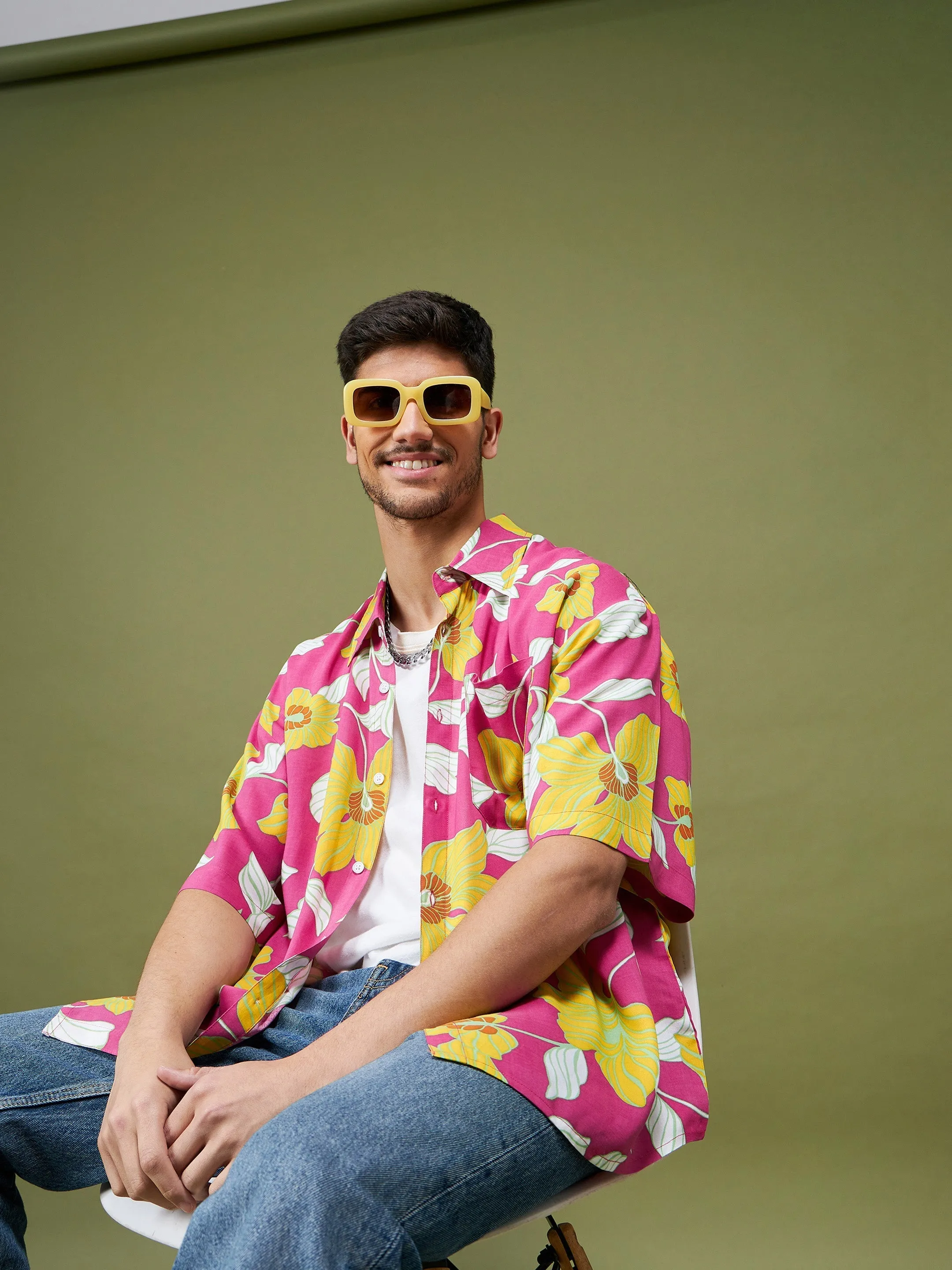 Men Fuchsia Tropical Oversized Shirt