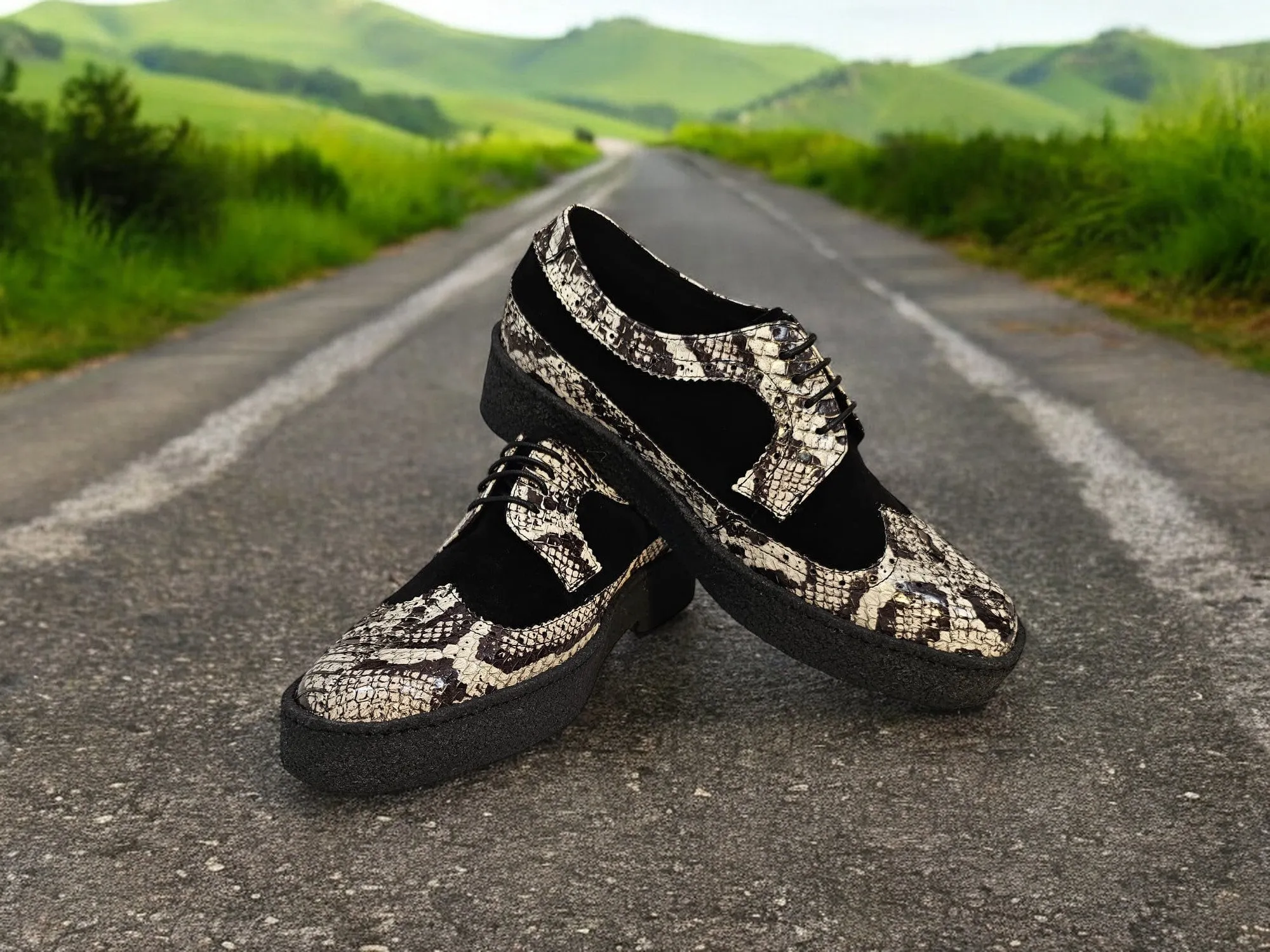 Wingtips Black Suede & Python Low Cut